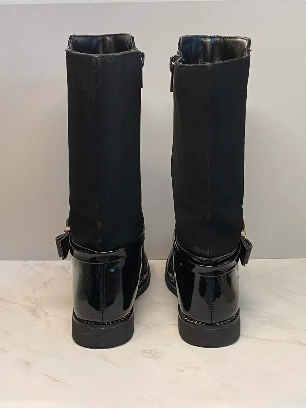 Place Black Patent Jeweled Tall Boots With Side Bow Size 10